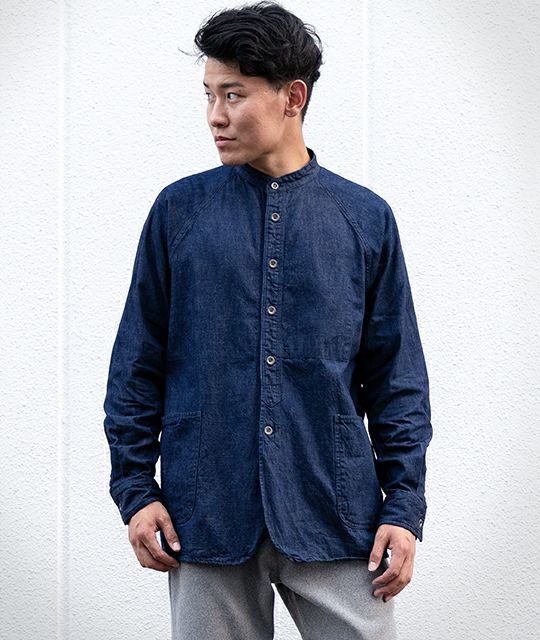 スタンドカラーシャツジャケット 8oz ミリタリー デニム デニム研究所 By Japan Blue